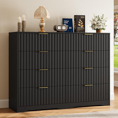 Fluted 8 Drawers Dresser for Bedroom, 55" Wide Wood Dressers Chest of Drawers with Metal Handle, Modern Dresser Storage Organizer for Living Room, Black