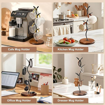 Mug Tree Holder, Bronze Metal Leaf Branch & Solid Wood Base Mug Holders, Countertop Coffee Mug Trees Organizer for Kitchen, 4 Hooks, Sleek Modern Decor for Coffee Station
