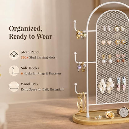 bussdis Jewelry Holder Organizer Earring Display - Earring Storage Tree Stands Towers With 6 Hooks 300 Studs Wood Tray White Metal Rack