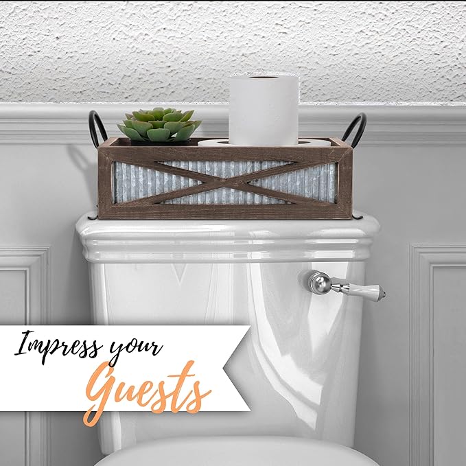 Autumn Alley Farmhouse Toilet Paper Basket for Back of Toilet - Rustic Toilet Paper Holder, Organizer - Tank Topper Basket Holder, Farmhouse Rustic Bathroom Decor, Brown