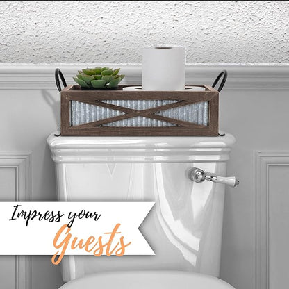Autumn Alley Farmhouse Toilet Paper Basket for Back of Toilet - Rustic Toilet Paper Holder, Organizer - Tank Topper Basket Holder, Farmhouse Rustic Bathroom Decor, Brown