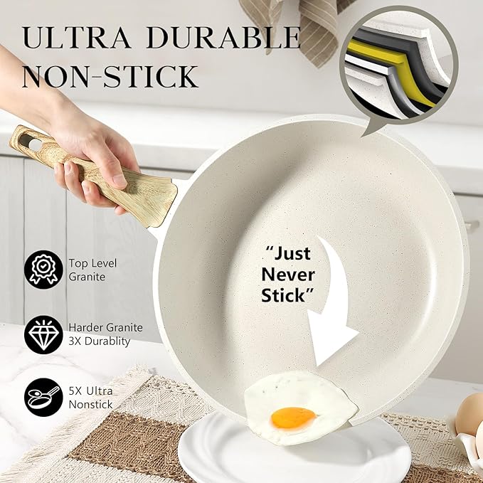 GiPP Nonstick Frying Pan Skillet with Lid - 11" White Granite Non Stick Pans, Omelette Pan with Heat-Resistant Handle, Compatible with All Stovetops, PFOA Free