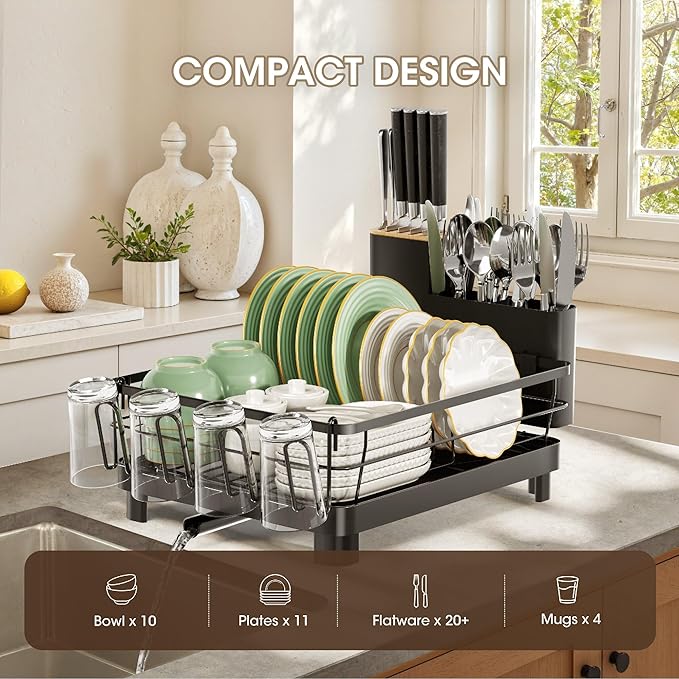 Runnatal Dish Drying Rack, Stainless Steel Dish Rack with Drainboard for Kitchen Counter and Sink, Large Capacity Dish Drainer, Detachable 2-in-1 Utensil Holder, Cup Holder, Black