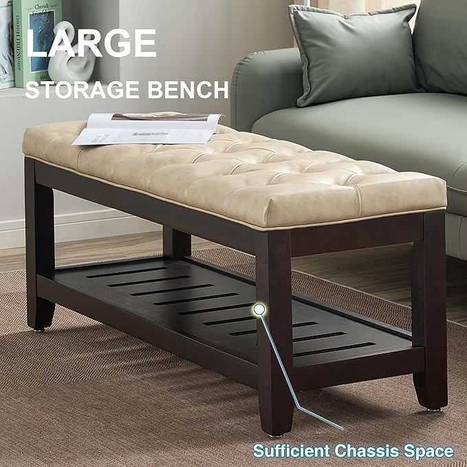 44" Ottoman Bench, Upholstered End of Bed Bench, Oversized Footrest with Wood Shelf torage Storage Bench for Bedroom, Entryway, Living Room, Beige(PU)