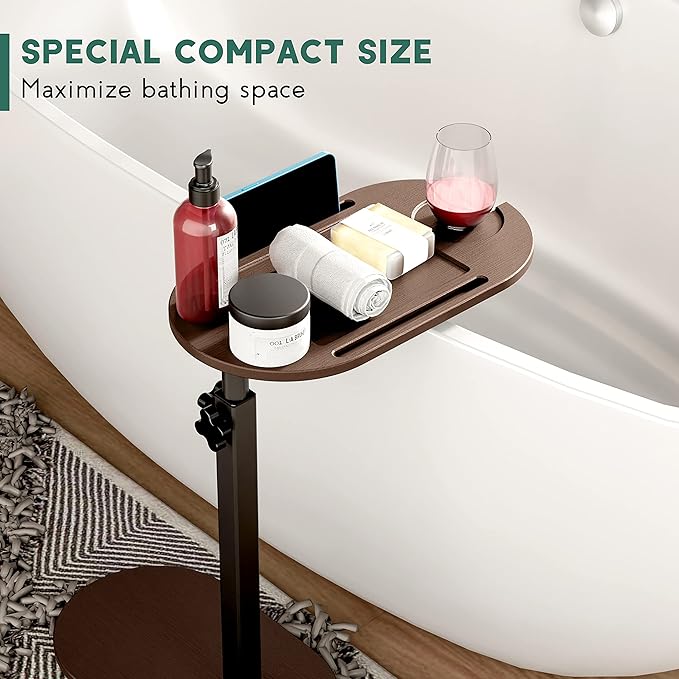 Yumkfoi Bamboo Bathtub Tray Table with Adjustable Height, Freestanding Bath Caddy Side Table for Tub Against Wall, Tub Shelf with Wine Glass Phone Holder, Functional Tray - Patent Protected (Brown)
