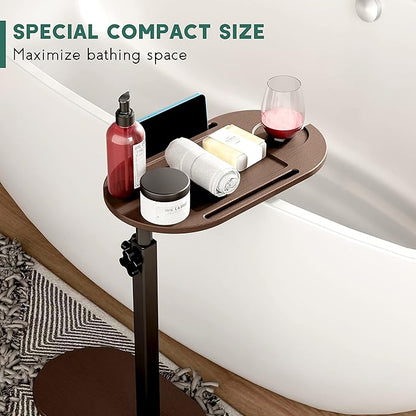 Yumkfoi Bamboo Bathtub Tray Table with Adjustable Height, Freestanding Bath Caddy Side Table for Tub Against Wall, Tub Shelf with Wine Glass Phone Holder, Functional Tray - Patent Protected (Brown)