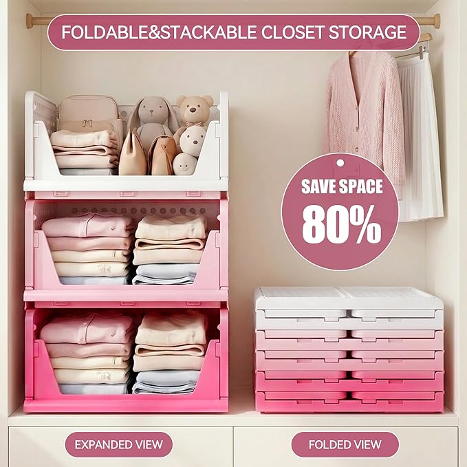 Pink Girl Closet Organizers and Storage Stackable Plastic Drawer Basket for Clothing Stackable Storage Bins Shelf Storage Container for RV Closet Wardrobe Bedroom Bathroom Playroom 6 Pack