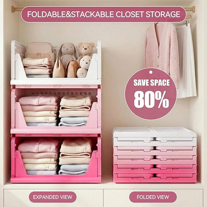 Pink Girl Closet Organizers and Storage Stackable Plastic Drawer Basket for Clothing Stackable Storage Bins Shelf Storage Container for RV Closet Wardrobe Bedroom Bathroom Playroom 6 Pack