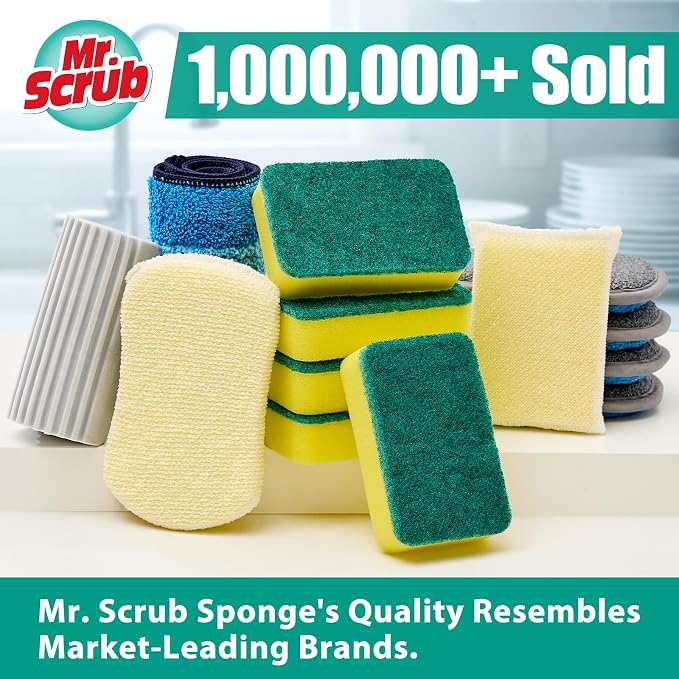 Mr. Scrub Sponges Kitchen Scrub Dish Sponge Scouring Pad, 12 Pack Cleaning Brush Scrubber Supplies for Soap, Dishwashing Dinnerware Sets Pan Pot Towels Cloth Rags Holder Glass Dishwasher Sink Bathroom