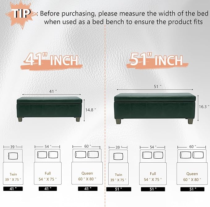 51 Inch Storage Ottoman, Storage Bench with Safety Hinge, Upholstered Synthetic Leather Ottoman Bench for Bedroom, Living Room, Entryway, Hallway, Foot Rest, Support 500lbs