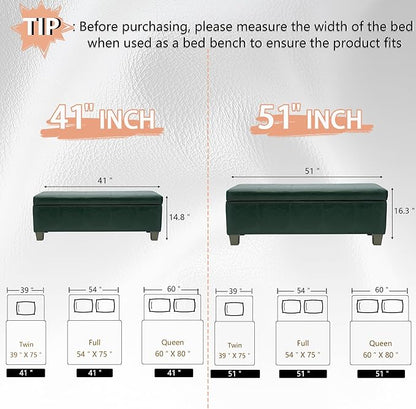 51 Inch Storage Ottoman, Storage Bench with Safety Hinge, Upholstered Synthetic Leather Ottoman Bench for Bedroom, Living Room, Entryway, Hallway, Foot Rest, Support 500lbs