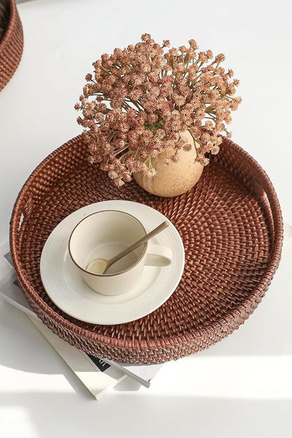HITOMEN 11.8" Hand-Woven Round Rattan Serving Tray Decorative Wicker Trays with Handles for Coffee Table (Brown-M)