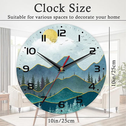Wall Clock, 10 Inch Silent Non-Ticking Home Kitchen Decor, Battery Operated for Bathroom Bedroom Living Room Office(Abstract Mountain Sun)