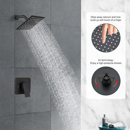 Heyalan Shower Faucet Set with Valve, Bathroom Rainfall Shower System, Wall Mount Single Handle Shower Trim Kit, Rainfall Fixed Shower Head, 8 Inch Square Shower Head, Matte Black