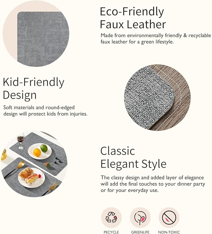 Maxpearl Faux Leather Placemats Set of 8 – Waterproof, Wipe Clean, Heat Resistant, Non-Slip Dining Table Mats for Indoor & Outdoor Use, 17”×12”, Grey
