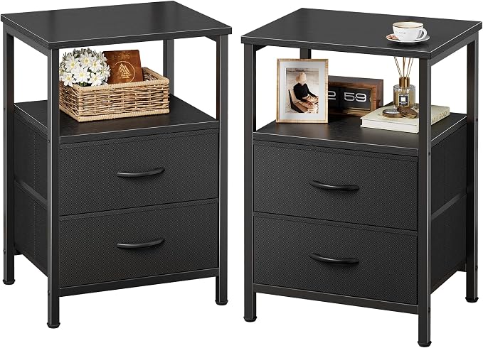 Huuger Night Stand Set of 2, Nightstand with 2 Drawers, Bed Side Table with Open Shelf, Wooden Top, End Table, Fabric Drawer, for Bedroom, Black