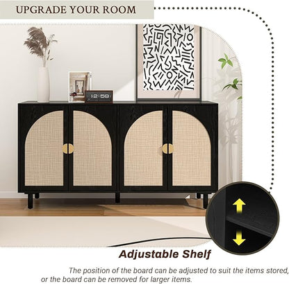 Black Sideboard Buffet Cabinet, 4-Door Rattan Storage Cabinet, Coffee Bar with Adjustable Shelf, Accent Furniture for Living Room, Entryway, Home Office, Black