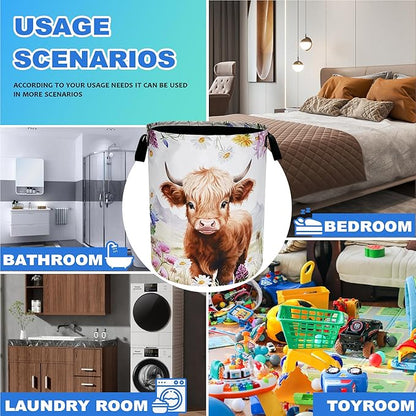 Highland Cow Laundry Basket Oxford Cloth Animal Flowers Laundry Hamper With Handle Foldable Portable Clothes Storage Basket 18.9 X 16.5 Inch Storage Bag For Laundry Room/Bathroom/Bedroom/Dormitories