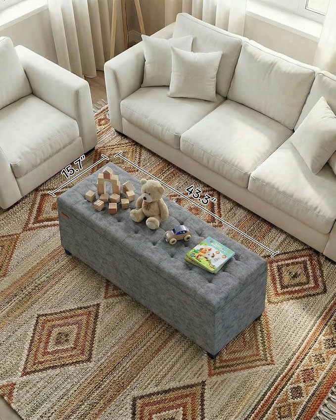 Chenille Storage Ottoman Bench with Legs, 43.5”W x 15.7”D x 15.7”H,Metal Frame end of Bed Bench Hold up to 770 LB,Large Storage Chest,Gray UASND621G