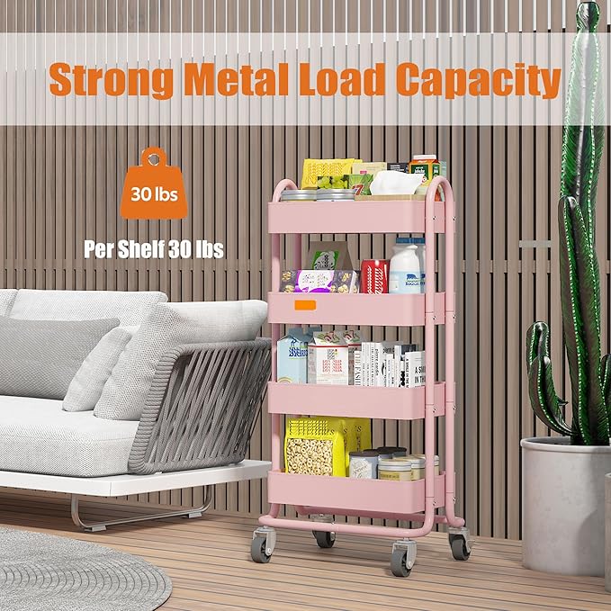 4 Tier Metal Rolling Cart Pink Utility Cart with Wheels,Rolling Pink Cart for Office,Home,Kitchen,Garden（13.4"x18.1"x40"）