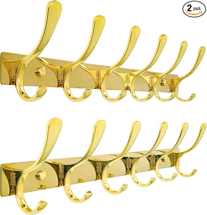 SKOLOO Coat Rack Wall Mounted - 6 Hooks, Pack of 2, Heavy Duty, Stainless Steel, Metal Wall Hangers, Sturdy Coat Hooks for Hanging Coats, Jacket, Clothes, Hat, Bright Gold