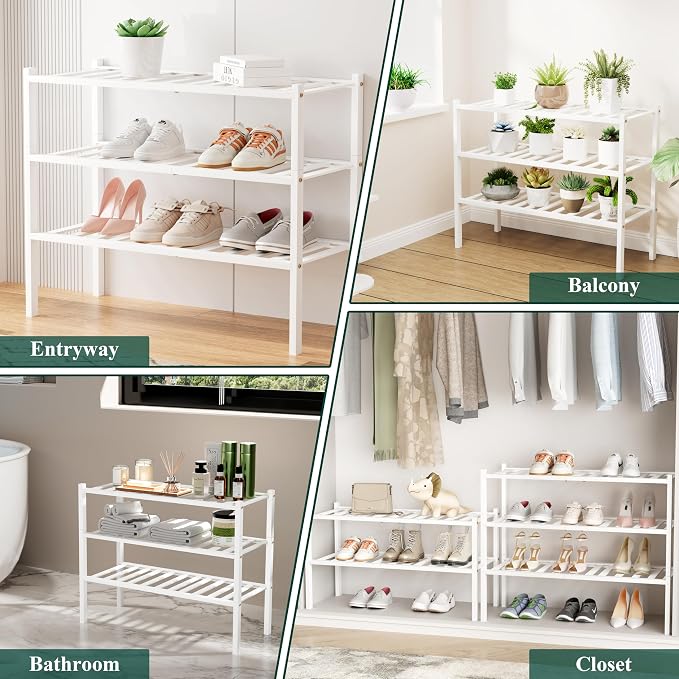 Smiry Small Bamboo Shoe Rack, 6 Tier Free Standing Wooden Shoe Organizer, Stackable Wood Shoe Storage Shelf for Closet, Entryway, 12 Vertical Slats, 2+2+2 Stack Standard Legs, 17.3"x11"x39", White