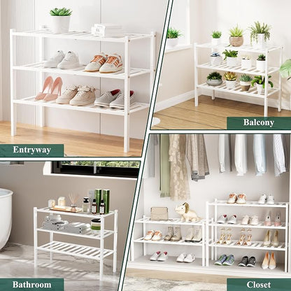 Smiry Small Bamboo Shoe Rack, 4 Tier Free Standing Wooden Shoe Organizer, Stackable Wood Shoe Storage Shelf for Closet, Entryway, 12 Vertical Slats, 2+2 Stack Standard Legs, 17.3"x11"x26", White