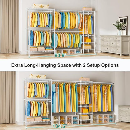 SEMHOR E01 Expandable Heavy Duty Clothes Rack, Free Standing Closet System Organizer, Adjustable Portable Carbon Steel Garment & Clothing Racks for Hanging Clothes (72.5-96"), 800LBS Max Load, White