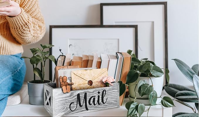 Mail Organizer Holder Countertop, Rustic Wood Mail Basket Storage Tray Letter Holder for Office Desk Wall Mount - Grey