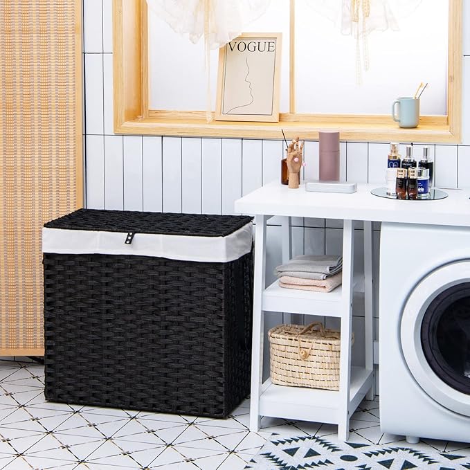 GOFLAME Laundry Hamper with Lid and Wheels, 125L Hand Woven Rattan Laundry Basket with 3 Divided Sections, Handles, 2 Removable and Washable Liner Bags, Dirty Clothes Hamper for Bedroom (Black)