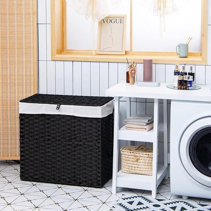 GOFLAME Laundry Hamper with Lid and Wheels, 125L Hand Woven Rattan Laundry Basket with 3 Divided Sections, Handles, 2 Removable and Washable Liner Bags, Dirty Clothes Hamper for Bedroom (Black)