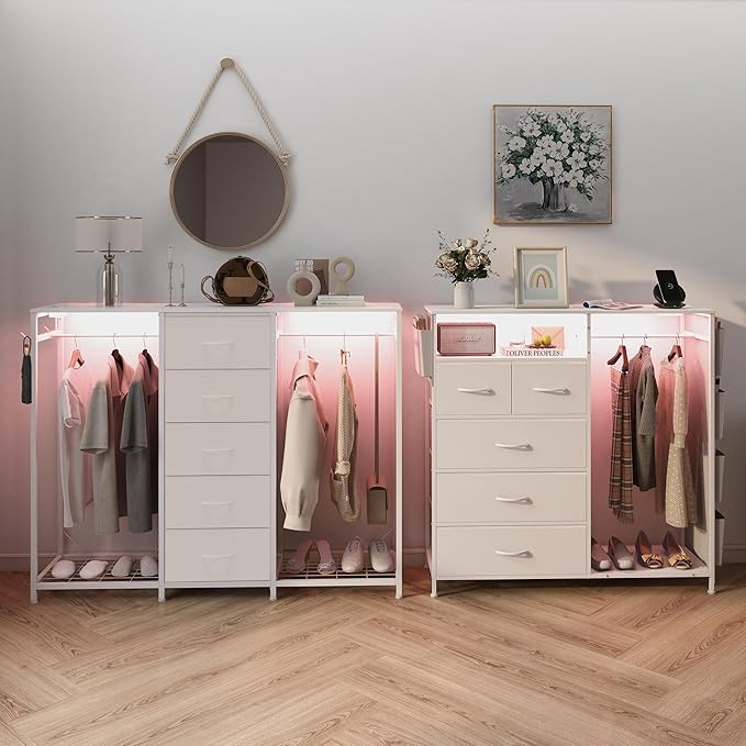 Dresser for Bedroom with Clothes Rack 5 Drawer Dresser with Charging Station LED Lights White Chest of Drawers Flexible Shelf and Open Storage Space for Bedroom Living Room (White)