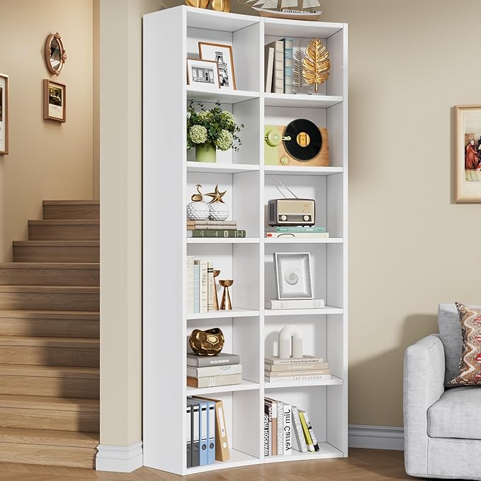 Semoic 71" Bookcase, 6 Tier Large Bookshelf with Storage, Floor Standing Open Display Storage Shelves, Modern Tall Floor Standing Book Shelf for Living Room,White