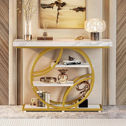 Huuger 41.3 Inch Entryway Table with Marble Top, Modern Console Sofa Table, Accent Table with Shelves, for Entry, Hallway, Entrance, Foyer, O-Shaped Metal Frame, White Marble & Gold