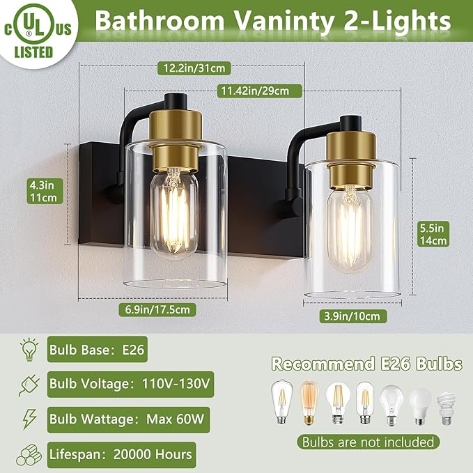 Bathroom Light Fixtures, Matte Black and Gold 2-Light Bathroom Lights Over Mirror with Clear Glass Shade,Wall Sconces for Bathroom