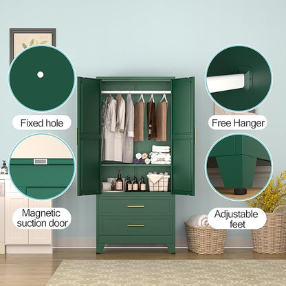 erosoei Metal Armoire Wardrobe Closet, 71 "Metal Clothing Storage Cabinet | with Adjustable Shelves and Hanging Rod, Household Steel Wardrobe Storage Cabinet with Drawers (armoire-green)