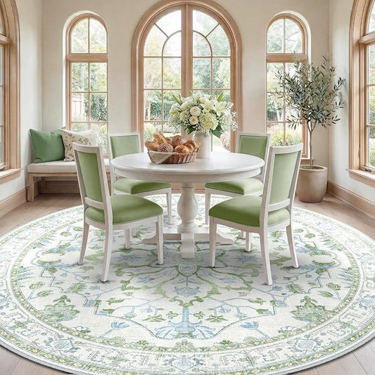 RELEANY Area Rugs Round 8ft Washable Non-Slip, Floral Vintage Distress Medallion Carpet for Living Room Bedroom Dining Room, Green White Blue