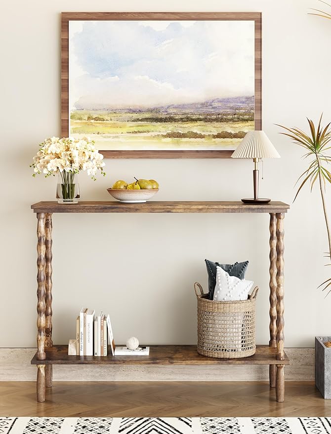 NiHome Wood Console Table with Carved Solid Wood Legs, 39.4"x11.8"x31.5" Matte Fingerprint-Resistant Finish, 2-Tier Narrow Table for Entryway, Hallway, Living Room, Foyer, Easy Tool-Free Assembly