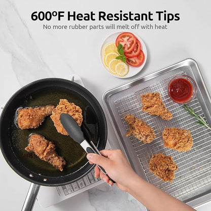 600ºF Heat Resistant Kitchen Tong: U-Taste 7 inch Silicone Cooking Tong with Firm Sealed Non Stick Rubber Tips & Silicon Coated 18/8 Stainless Steel Handle & Smooth Locking for Serving Salad (Black)