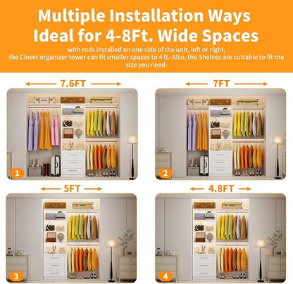 Closet System with 3 Wood Drawers, 5-8FT Closet Organizer System with Cuttable Shelves for Walk in Closet with 3 Expandable Hanging Rods, Heavy Duty Built-in Closet for Bedroom, White