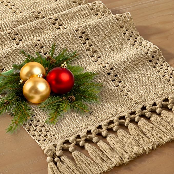 Socomi Boho Table Runner Macrame Valentine's Day Farmhouse Woven Cotton Linen Rustic Coffee Table Runner with Tassels for Dresser Scarf Home Decor Dining Room 12x90 inch Champagne