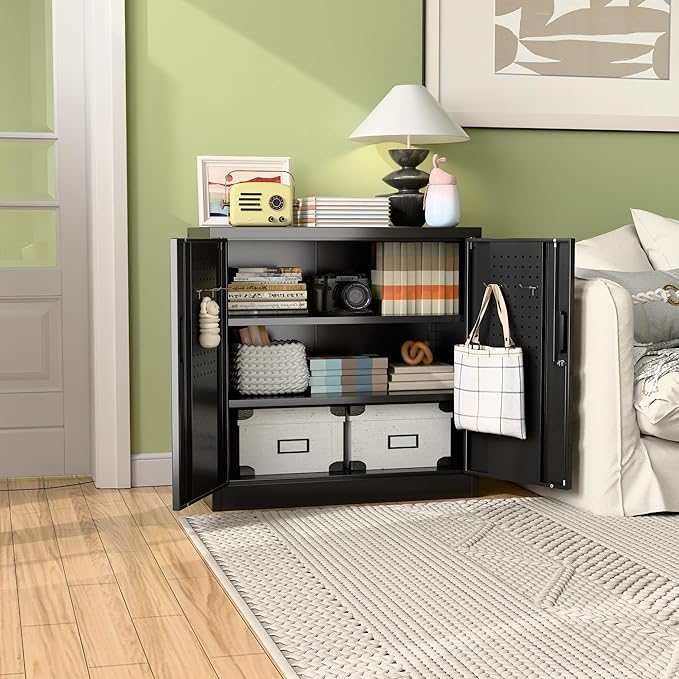 Aobabo 31.5" H Garage Storage Cabinet with 2 Shelves, Metal Cabinet with Lock and 4 Hooks for Home Office Garage, Black, Assembly Required