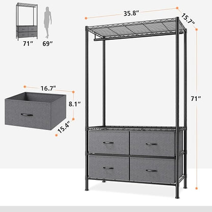 Raybee Clothes Rack with 4 Drawers and Shelves,Heavy Duty Clothing Rack for Hanging Clothes,Portable,Sturdy and Durable,Black
