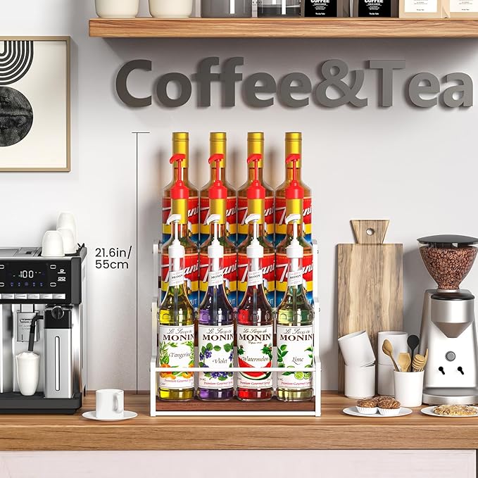 THYGIFTREE Coffee Syrup Rack Organizer 3-Tier 12 Syrup Bottles Holder Stand for Coffee Bar Station Storage Shelves for Syrup, Wine, Dressing for Kitchen Countertop, White