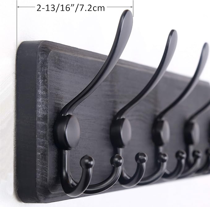 WEBI Coat Rack Wall Mount,38 9/16" Long,10 Tri Hooks for Hanging Coats,16" Hole to Hole,Wood Coat Hooks Wall Mounted,Wall Coat Hanger for Clothes,Jacket,Hats,Rustic Black,2 Packs