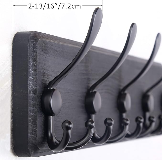WEBI Coat Rack Wall Mount,38 9/16" Long,10 Tri Hooks for Hanging Coats,16" Hole to Hole,Coat Hooks Wall Mounted Coat Hanger,Farmhouse Wood Hook Rack for Clothes,Jacket,Hats,Rustic Black