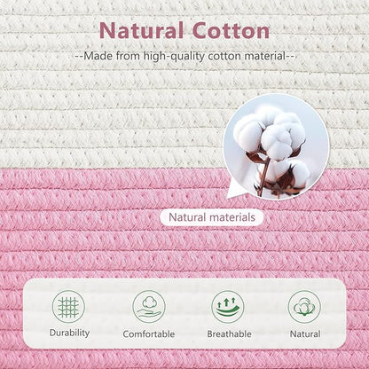 Cotton Rope Shelf Storage Basket, 15x10x9 in, Shelf Storage Baskets for Clothes, Towels, Books, Laundry (White/Pink, 2 Pack)