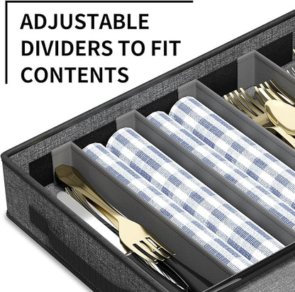 Aokeyee 2-Pack Silverware Storage Box, Sturdy Flatware Organizer with 5 Compartments & Adjustable Dividers, Upgrade Utensil Case with Clear Lid & Handle for Knives, Forks & Spoons, Gray