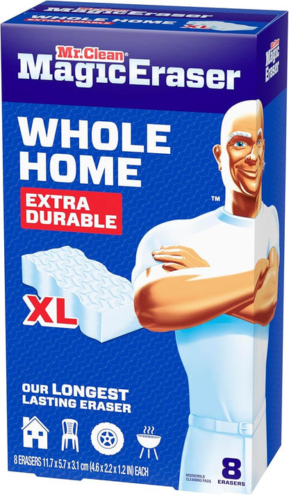 Mr. Clean Magic Eraser Sponge, All Purpose Cleaner, Long Lasting Cleaning Scrubber, Wall, Sneaker, Oven, Kitchen, Bathroom, Shower Cleaner, Cleaning Supplies, Whole Home Extra Durable XL, 8ct