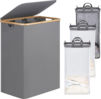 efluky Laundry Hamper with Lid, Trio Laundry Basket with 2 Removable Bags, 3 Section Laundry Bin with Bamboo Handles for Bathroom, Bedroom & Laundry Room, 160L (42.3 Gallon) Silver Grey